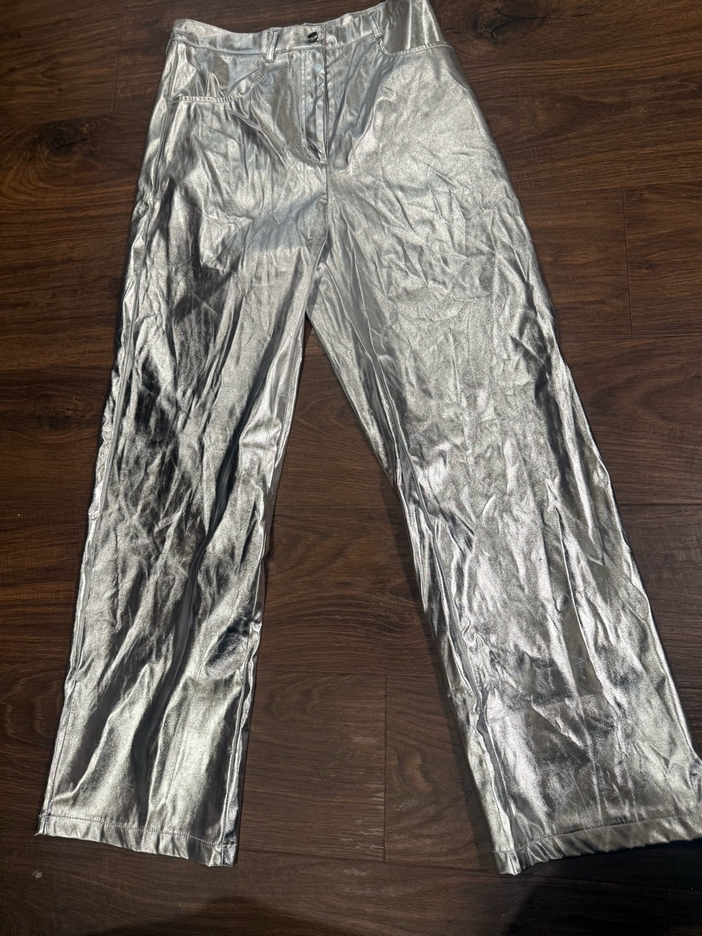 Metallic Silver Wide-Leg Pants